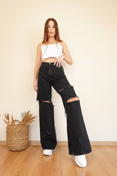 Trn JNS Γυναικείο Colorfast Μαύρο Lycra Super ψηλόμεσο φαρδύ τζιν παντελόνι Palazzo (SUPER HIGH.) Φαρδύ πόδι.