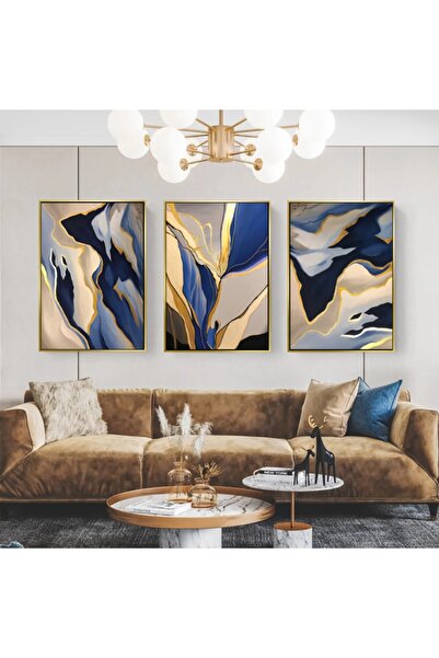Markazip Altın Metal Çerçeveli 50x70cm Üçlü Soyut Mavi Bej Soyut Kanvas Tablo Kod: K1299s-a