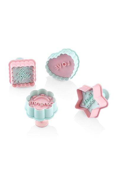 Bayev 3103 Love and 4 Different Text Shaped Figured Press-on New Year's Special Cookie Mold 4 Pieces