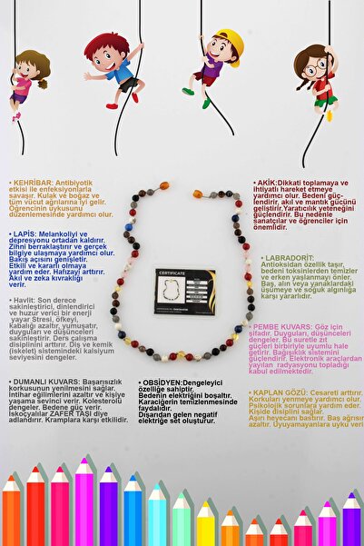 OSMANLI DEĞERLİ TAŞ Öğrenci Kolyesi Kehribar-akik-lapis-labradorit-havlit-pembe Kuvars-dumanlı Kuvars-kaplan Gözü