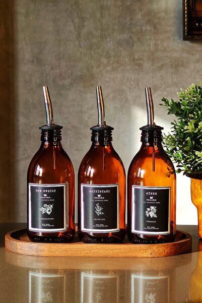 KHAKMA Premium Amber Olive Oil Pomegranate Syrup Vinegar Bottle with Oval Wooden Stand Oil Pot Set of 3 300ml Sm3u-st