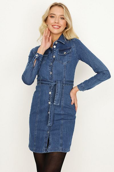 Select Moda Rochie albastră din denim cu mânecă lungă, cu nasturi în față, cu curea