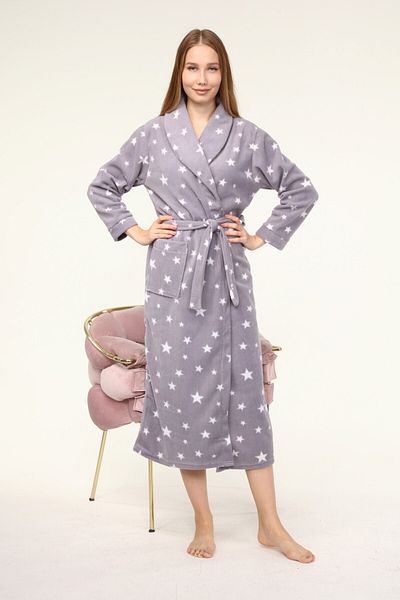 ÖNE BUTİK Women's Long Shawl Collar Fleece Gray Dressing Gown