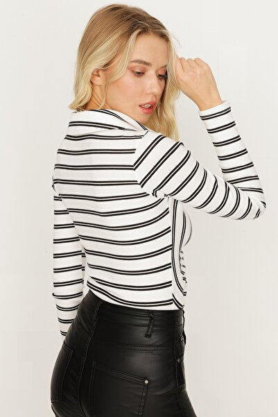 Select Moda Body de damă cu dungi albe, cu snur în față și cu snap în partea inferioară