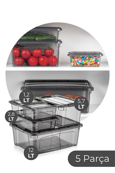 Vienev Foly Royal Box Storage Box Set 5 Pieces 1.2 Lt(2X), 2.8lt(1X), 5.7 Lt(1X), 12 Lt(1X)