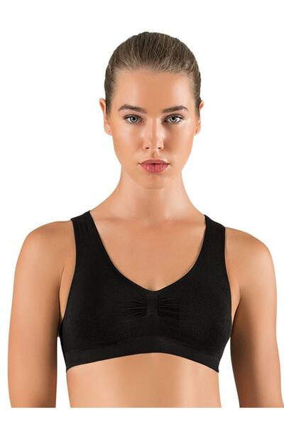 PROSLİM Women's Black Bustier (WITHOUT CAP) Back Cross Detailed Sports Swimmer Knitted Seamless Gathering