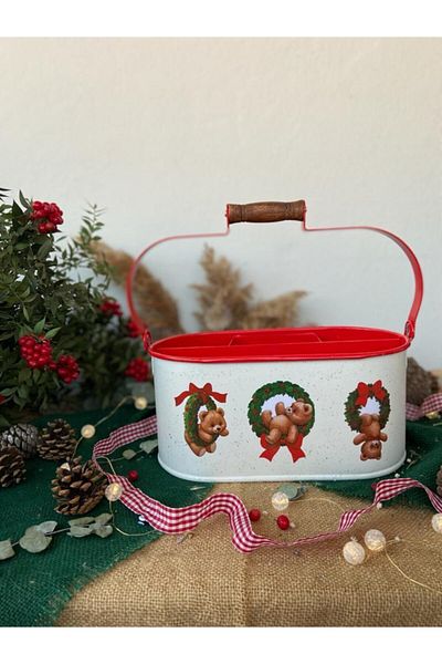 Handmadesign New Year's Themed Picnic Set - Wreathed Teddy Bears, Galvanized Compartment Ceramic Jug