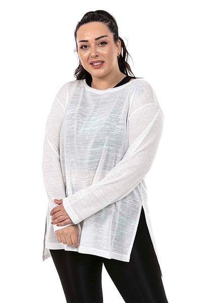 DISENTIS MODEST Plus Size Boat Neck White Blouse with Slit Detail on the Sides