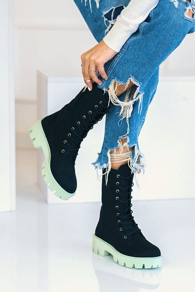 SHOEBELLAS Μποτάκια Avaley Μαύρα Suede Πράσινη Σόλα δεμένα