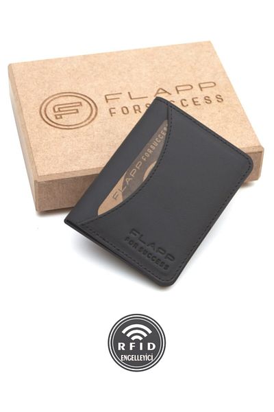 Flapp Genuine Leather RFID Protected Matte Black Wallet Card Holder