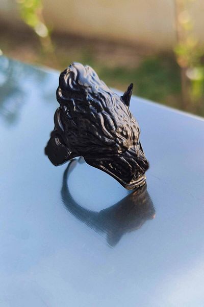 The Collection Black Ancient Wolf Adjustable Men's Ring