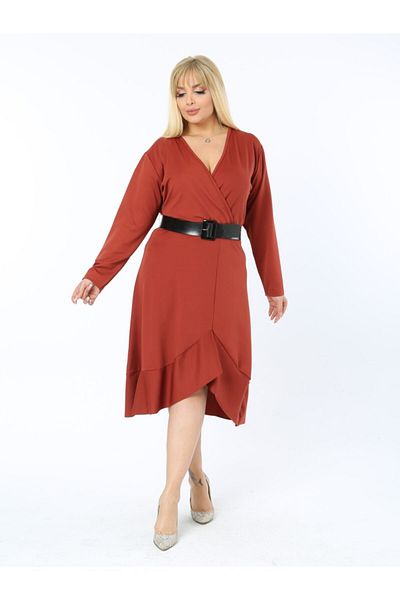 LİKRA Women's Tile Plus Size Double Breasted Collar Skirt Frilly Flexible Crepe Dress