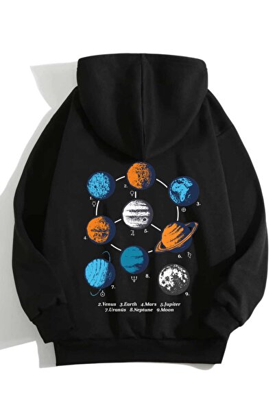 Deocept Hanorac negru unisex cu imprimeu Planet