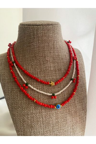 Lucky Designs قلادة مجموعة ثلاثية حمراء