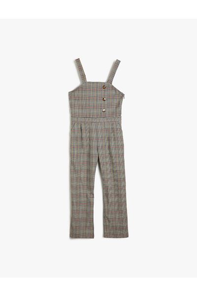 Koton Koton Girl's Strappy Button Detaillierter Karierter Overall