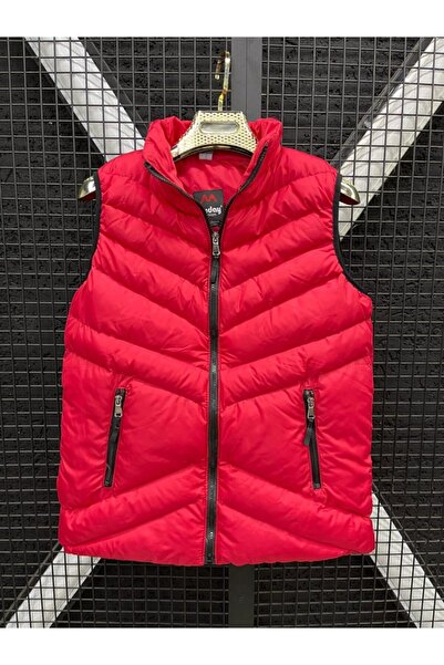 Moday Erkek Vip Model Kırmızı Spor Dolum Şişme Yelek V Dikiş Fermuarlı