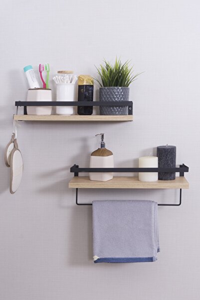 Mudesa Banyo Rafı Ahşap Metal Banyo Havluluk 2 Raflı Duvara Monte Sabunluk