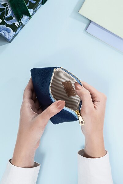 Leather Paper Mavi Deri Mini Cüzdan
