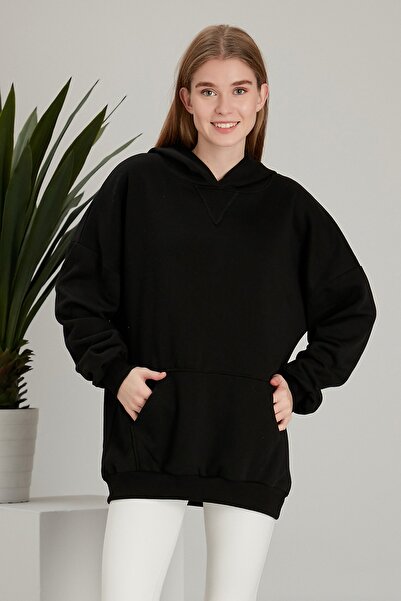 Kadın Siyah Kangru Cepli Kapüşonlu Sweatshirt