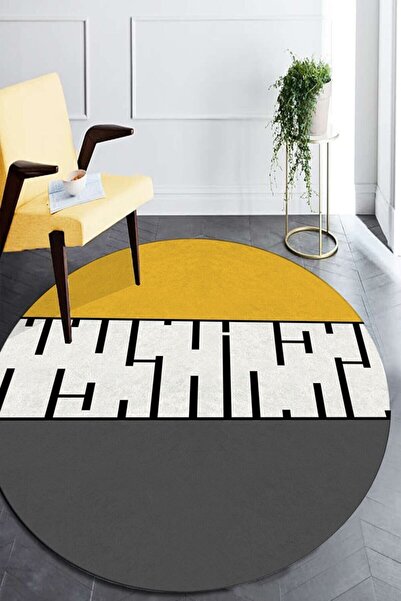ESTA HALI Gri Sarı Geometrik Modern Yuvarlak Halı Kaymaz Taban (Makinada Yıka...