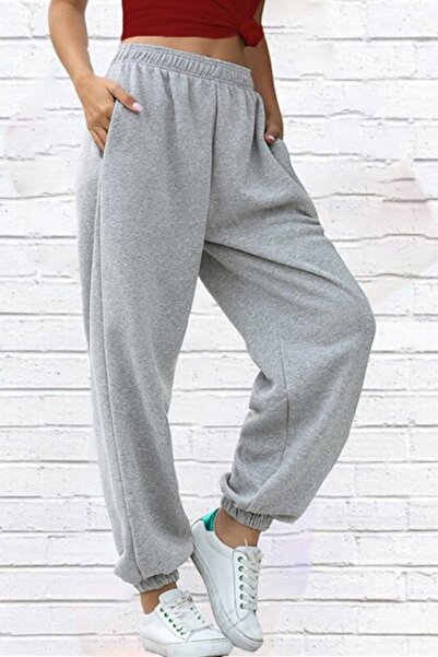 ronay giyim Kadın Gri Melanj Yüksek Belli Jogger Eşofman Altı