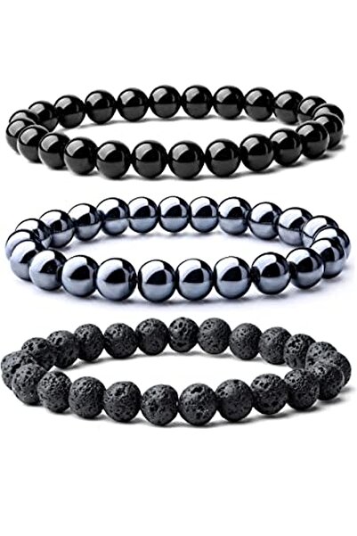 Kusakli مجموعة أساور من الحجر الطبيعي المختلط باللون الرمادي والأزرق الداكن مكونة من 3 قطع