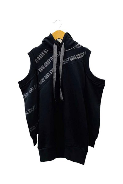 Çikoby Girl's Black Sweat Hollow Shoulder Hooded Dress
