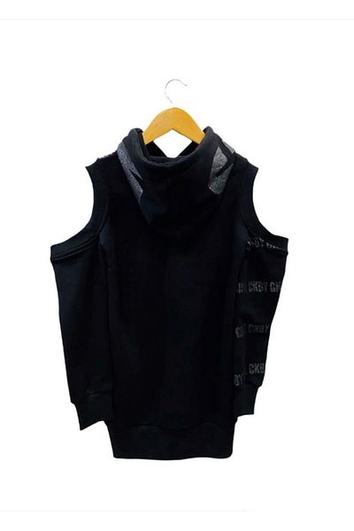Çikoby Girl's Black Sweat Hollow Shoulder Hooded Dress