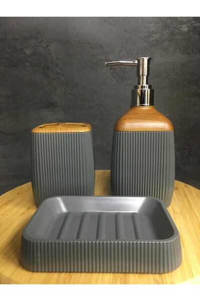 Nova Elite Akrilik 3 Parça Banyo Seti Ahşap Desenli