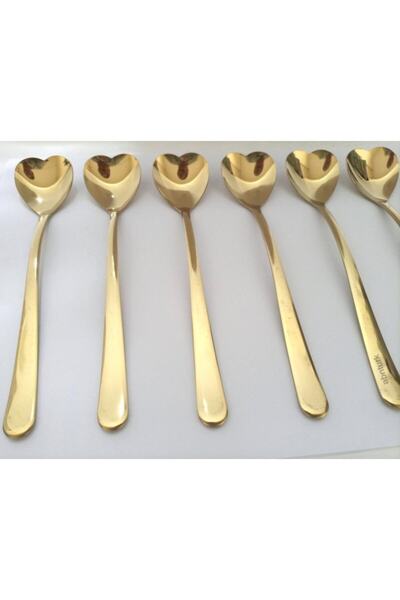 İstoç Türk Milano 6adet Altın Kaplama Kalp Stil 18cm Uzun Shaker Kaşığı Pasla...