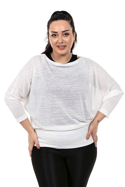 DISENTIS MODEST Plus Size Boat Neck Bat Sleeve Flame White Blouse with Skirt Wide Band
