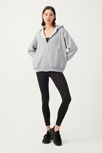 Los Ojos Women's Melange Gray Hooded Oversize Ribbed Zippered Knitted Sweatshirt