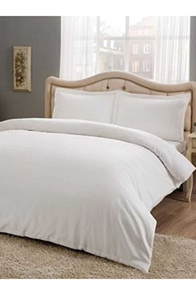 Taç طقم غطاء لحاف أساسي من الساتان القطني مزدوج باللون الأبيض