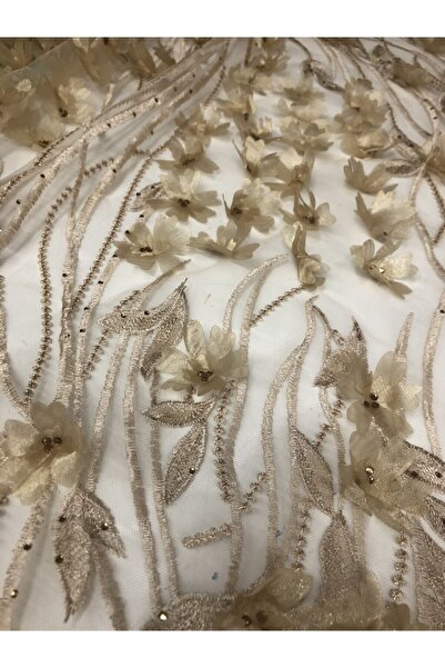 öztayteks Bej 3 Boyutlu Çiçek Işlemeli Dantel Kumaş Dantel07