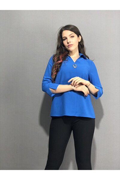 AYHAN Women's Blue Buckle Crepe Blouse