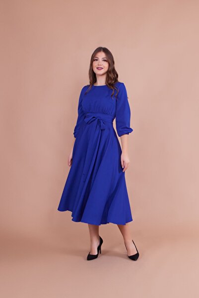 Bidoluelbise Kadın Sax Mavi Midi Boy Elbise