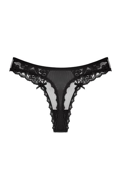 Zena Women's Thong Panties - Black, Tulle Lace Detail, Front and Back