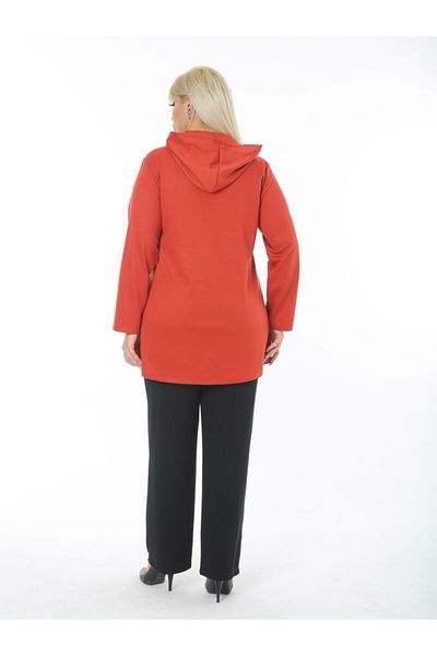 LİKRA Women's Orange Large Size Hooded Pocket Zippered Steel Interlock Cardigan