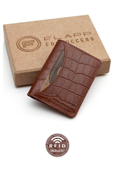 Flapp Hakiki Deri Rfıd Korumalı Krokodil Kahverengi Unısex Cüzdan Kartlık