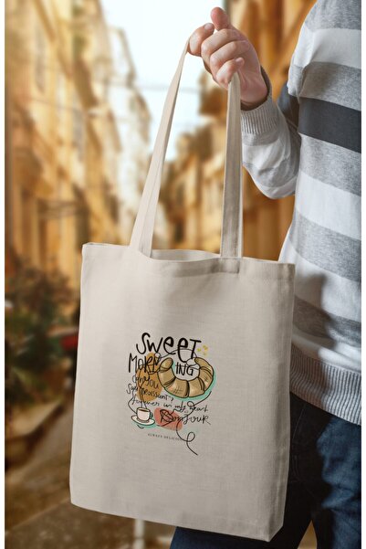 BYBAGS Slatka jutarnja torba od krem platna sa printom 35x40 cm