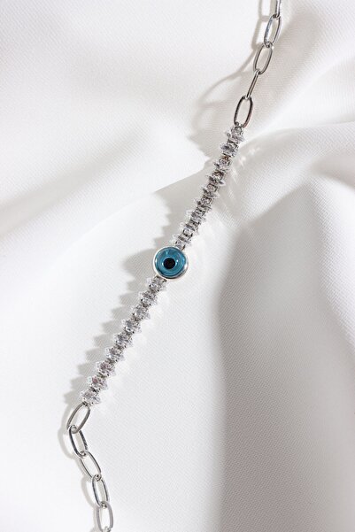 Süspüs Accessories سوار سلسلة فضية مرصع بالزركون على شكل عين الشر