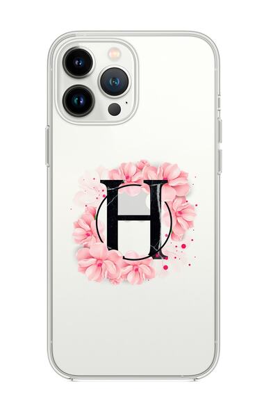 mooodcase Iphone 13 Pro Pembe Çiçek Desen H Harfli Premium Şeffaf Silikon Kılıf