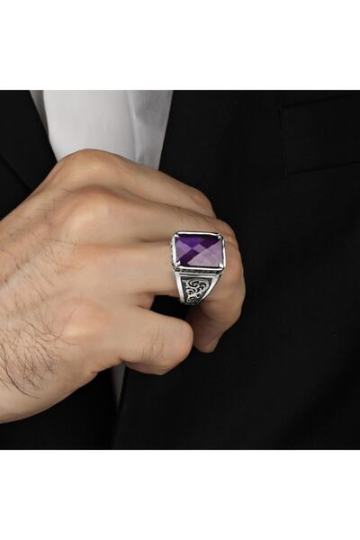 Argento Silver Amatist Zirkon Taşlı Taşlı 925 Ayar Gümüş Erkek Yüzük