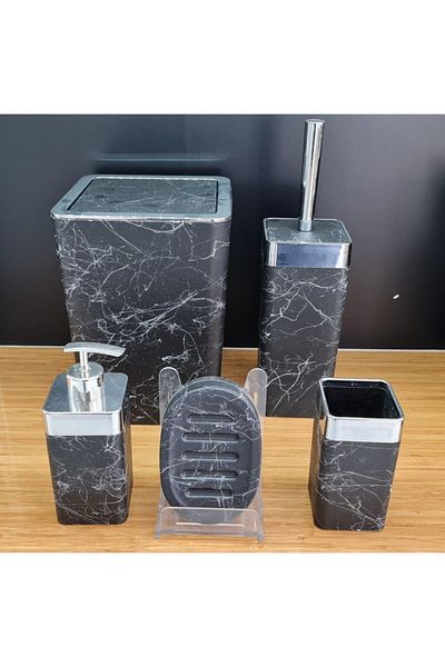 İmera Acrylic Made Silver Line Black Marble Pattern Soft Bathroom Set 5-Piece Square Bathroom Set Black