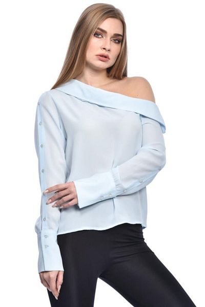 Modkofoni One Shoulder Long Sleeve Baby Blue Women's Blouse