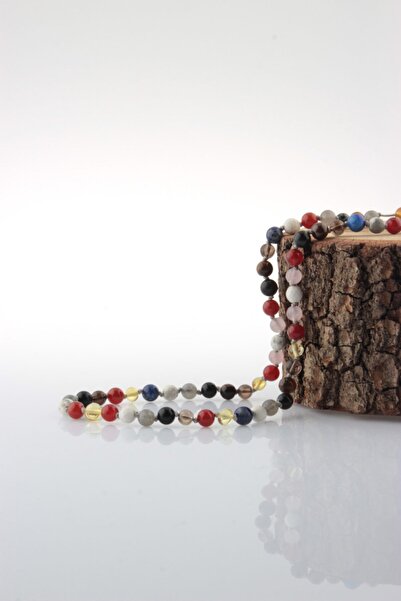 OSMANLI DEĞERLİ TAŞ Öğrenci Kolyesi Kehribar-akik-lapis-labradorit-havlit-pembe Kuvars-dumanlı Kuvars-kaplan Gözü