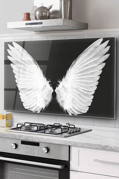 Olinpa Stove Back Glass Protector Countertop Built-in Back Protector 76x50 Cm| Angel Wing Patterned