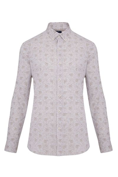 Hatemoğlu Καφέ Slim Fit με εμπριμέ γιακά με μακρυμάνικο λινό πουκάμισο