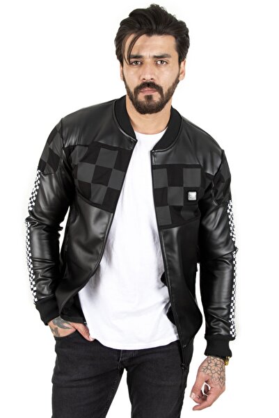 DeepSEA Ανδρικό δερμάτινο παλτό με μαύρο φερμουάρ 2100182