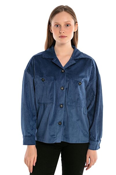 DISENTIS MODEST Cămașă scurtă Indigo din catifea cu nervuri, cu buzunare dubl...